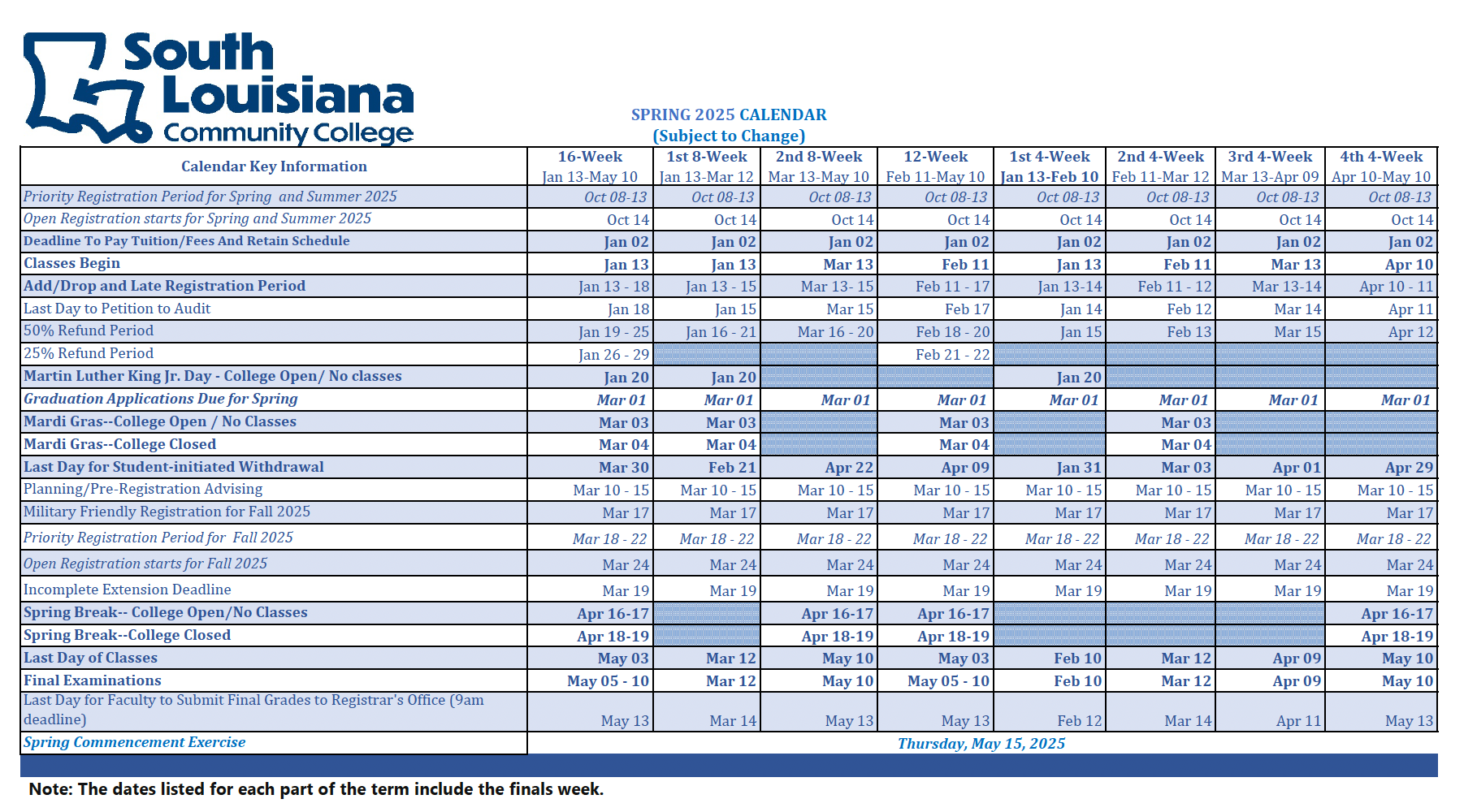 Spring 2025 Calendar